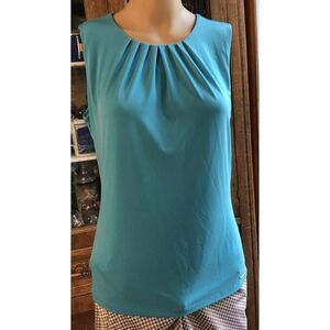 Calvin Klein Teal Pleated Round Neck Sleeveless Top Womens Stretchy Blouse L